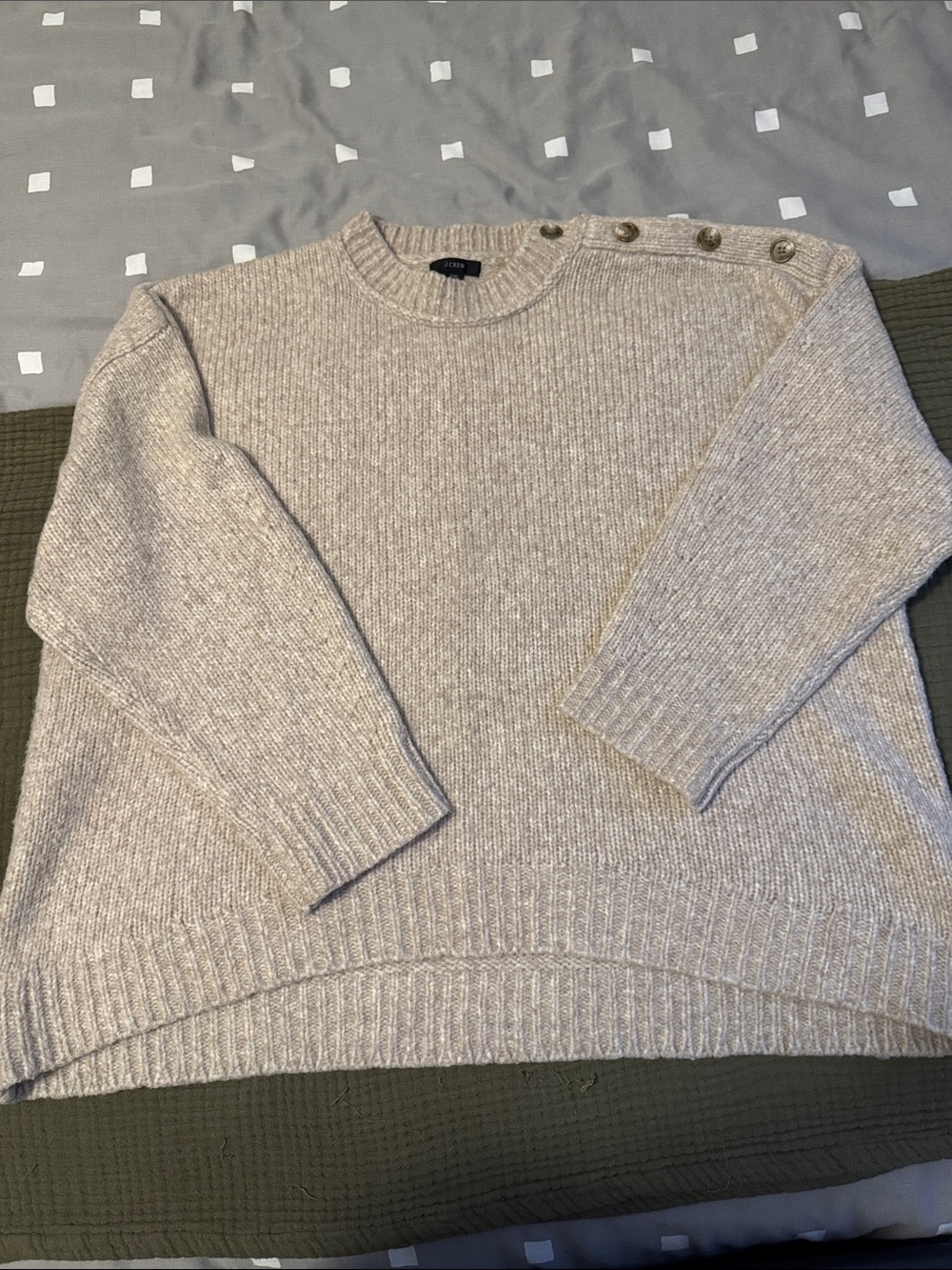 J. Crew Beige Button-Shoulder Crewneck Sweater
